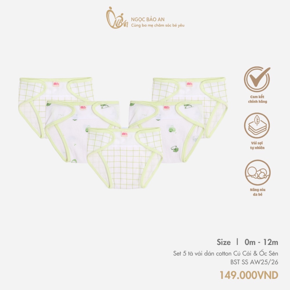 Set 5 tã vải dán sơ sinh Ngọc Bảo An màu xanh lá caro củ cải ốc sên
