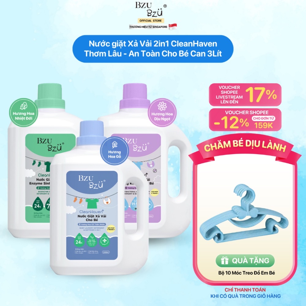 Bộ 3 mùi hương nước giặt xả vải Bzu Bzu CleanHaven cho bé
