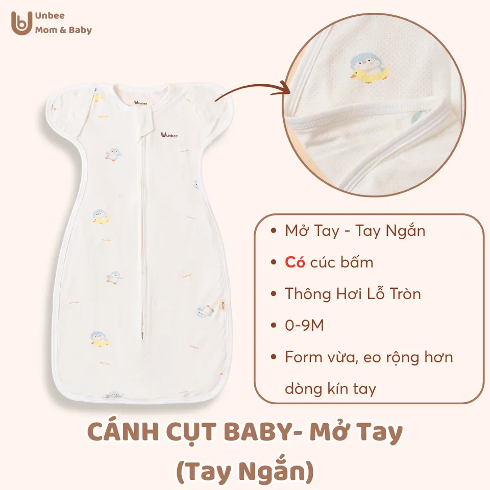 Nhộng chũn Unbee mẫu Cánh Cụt Baby mở tay có cúc bấm, thông hơi lỗ tròn
